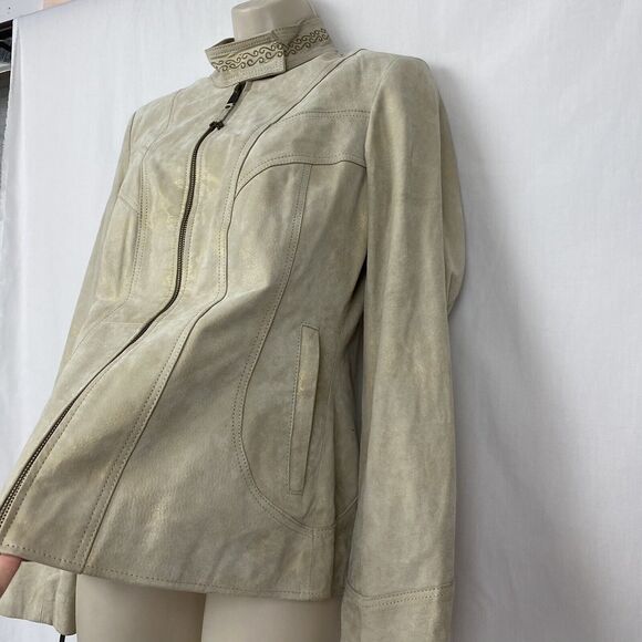 Powder River Panhandle Slim Leather Jacket Small Beige Studded Embroidered Cross - Picture 4 of 12